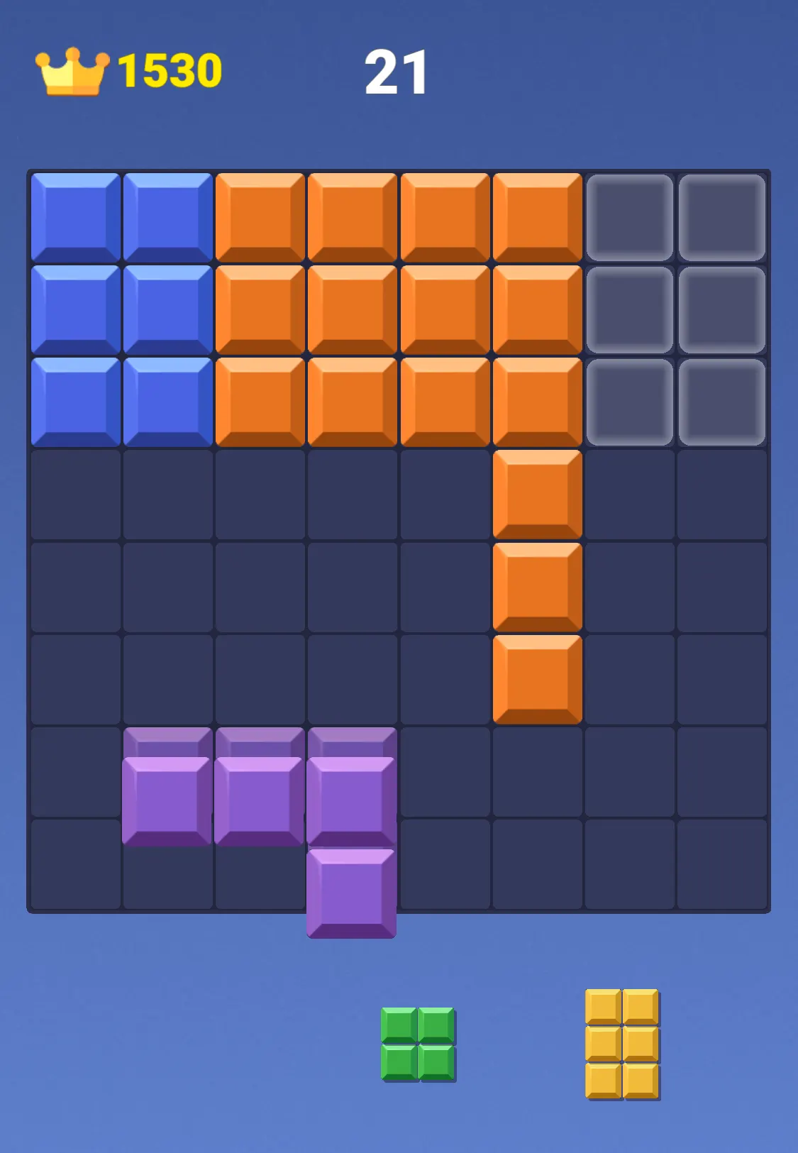 A purple four-square block being dragged over the lower part of the Block Blast board