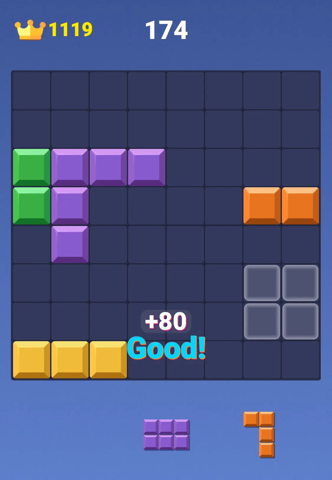 The Block Blast board shows +80 and Good! after a two-row clear, with the score at 174