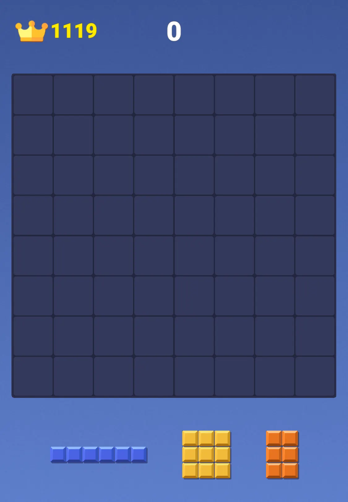 Empty 8×8 Block Blast board at the start of a game, with three blocks waiting below it